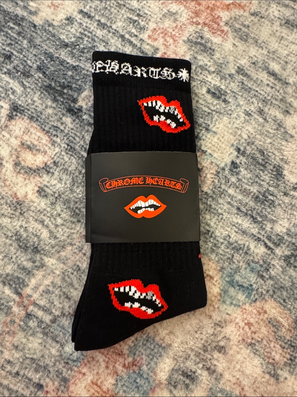 Chrome Hearts Black Socks with Red and White Lip Motif
